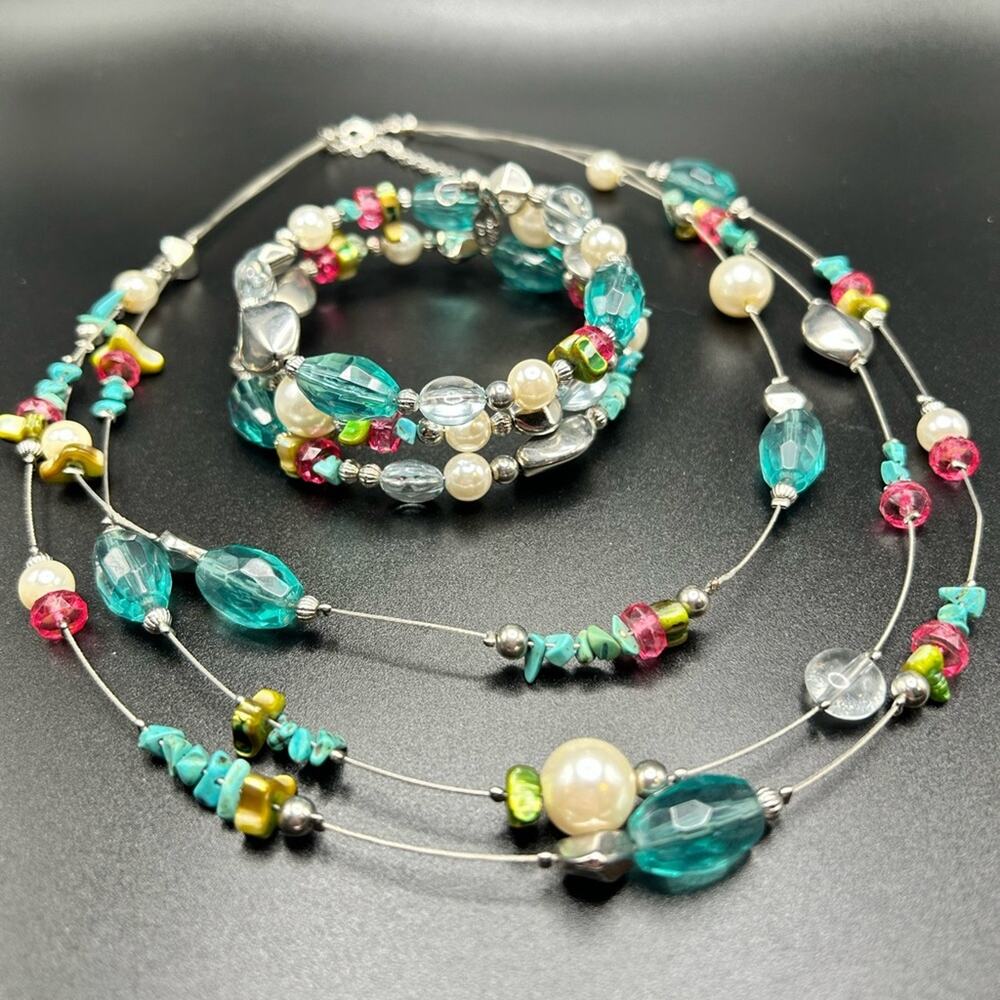 L0182 Cookie Lee Necklace Wrap Bracelet set blue pink wire